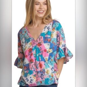 Umgee Pink & Blue Colorful Floral Patchwork Open Front Kimono Top Sz XL